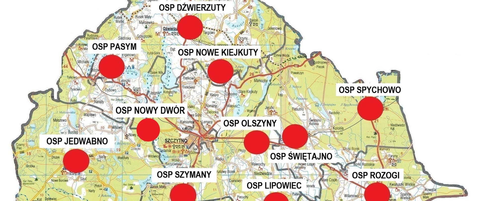 Grafika przedstawia mapę jednostek OSP w powiecie szczycieńskim włączonych do KSRG