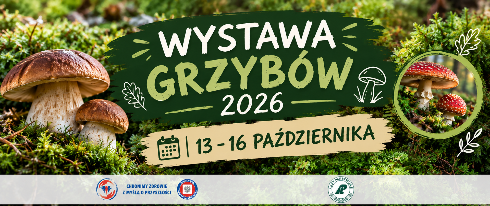 Grafika promująca wydarzenie „Wystawa Grzybów 2026”, które odbędzie się w dniach 13–16 października 2026 roku. Na tle leśnej ściółki widoczne są grzyby, m.in. borowiki i muchomory. W centralnej części znajduje się napis „WYSTAWA GRZYBÓW 2026” oraz informacja „13–16 PAŹDZIERNIKA”. U dołu grafiki umieszczono logotypy organizatorów i partnerów wydarzenia - Państwowej Inspekcji Sanitarnej i Lasów Polskich.