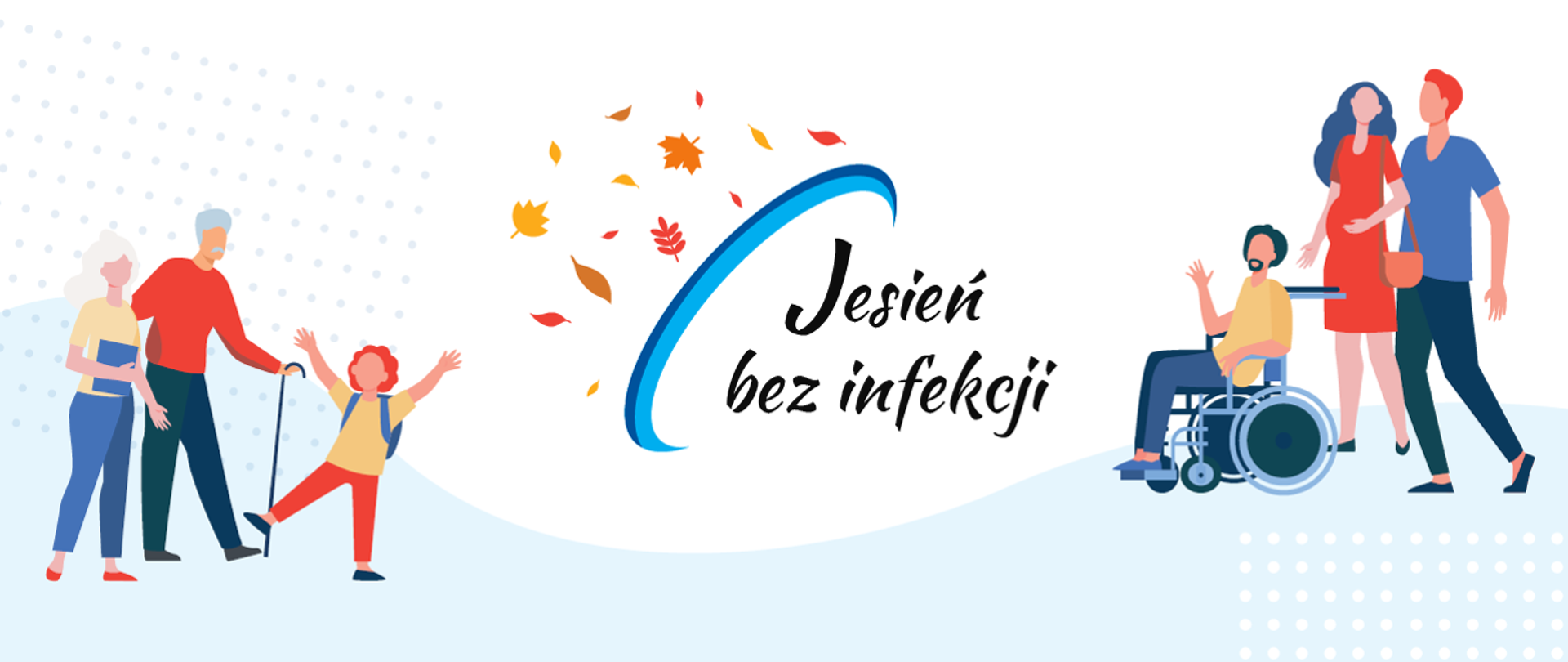 logo programu jesień bez infekcji. biało niebieskie tło. Po lewej i prawej stronie sylwetki ludzi. na środku napis "jesień bez infekcji".