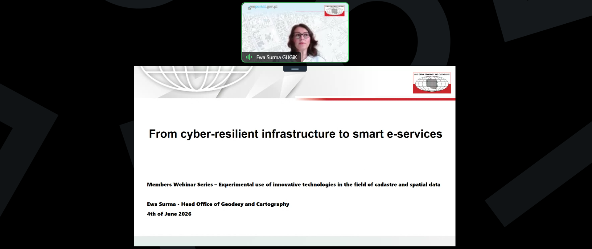 Dyrektor Departamentu Strategii i Współpracy Zagranicznej Ewa Surma podczas prezentacji na webinarze EuroGeographics 