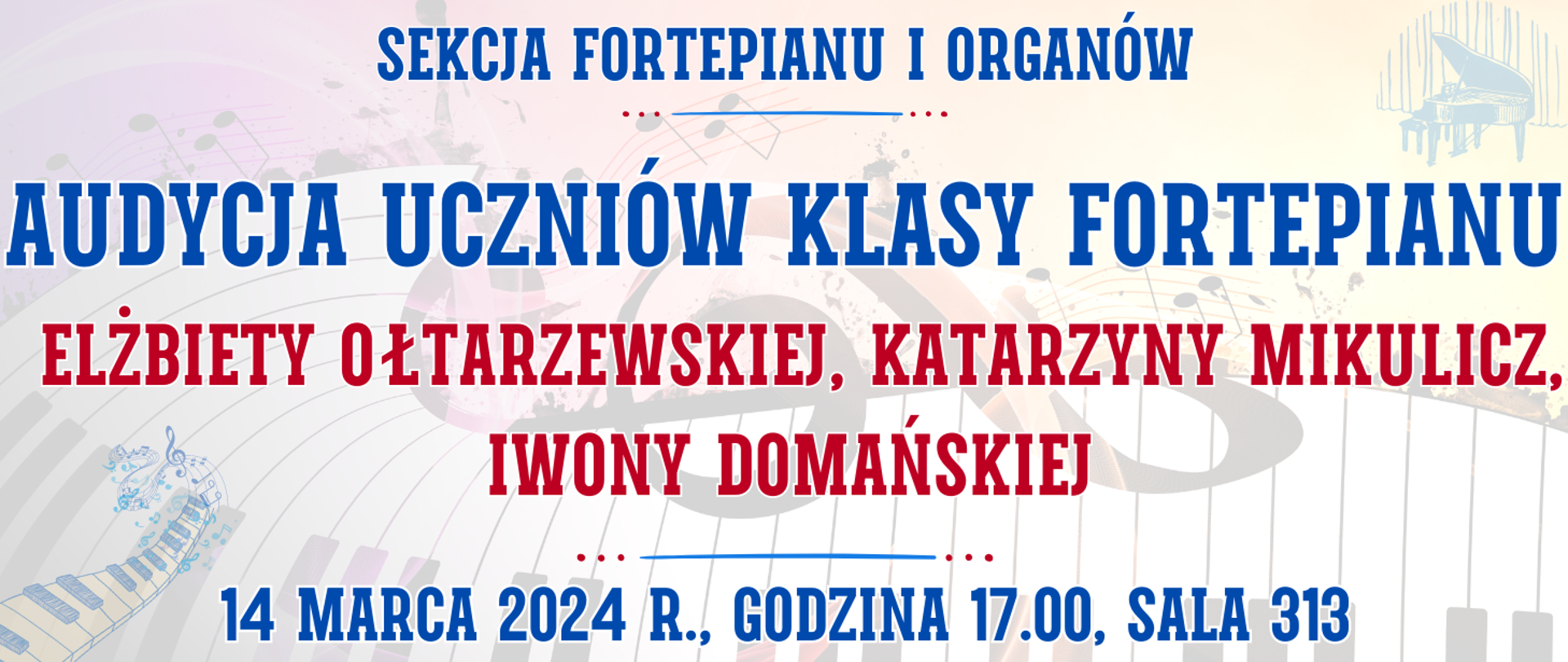 kolorowe tło z muzycznymi elementami typu clipart oraz informacja o wydarzeniu