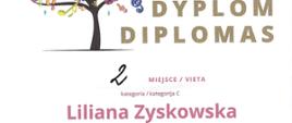 białe tło, kolorowe drzewo z nutami, fioletowy akcent Międzynarodowy Konkurs Instrumentalny, II edycja, dyplom, kategoria C, Liliana Zyskowska, Puńsk 16-17 maja 2024