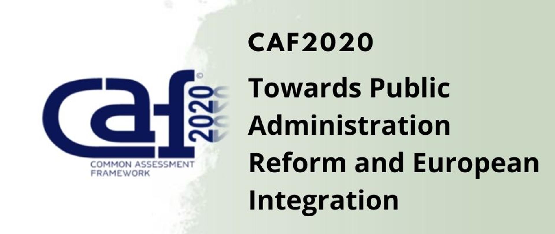 Grafika promująca spotkanie - napis po angielski na jasnym tle. Po lewej logo CAF2020