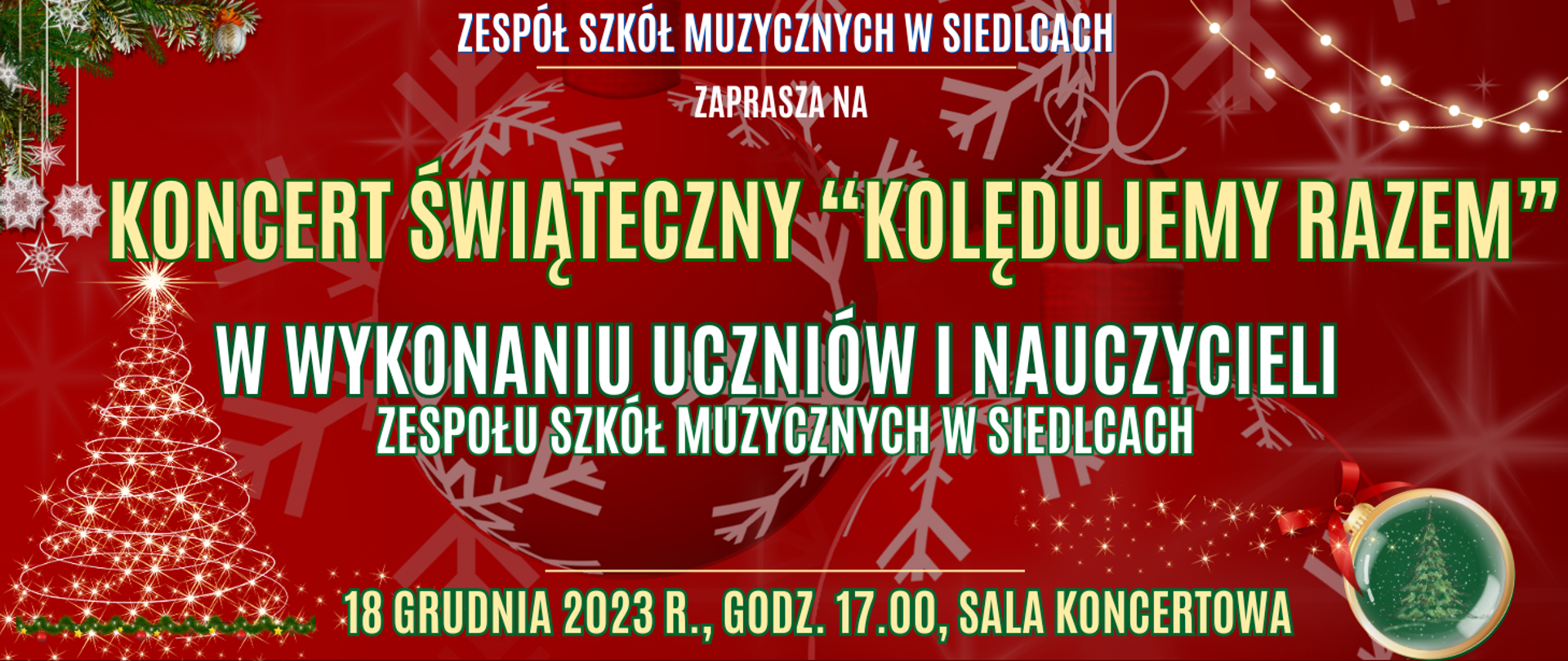 ciemno czerwone tło ze świątecznymi elementami orz informacja o koncercie świątecznym