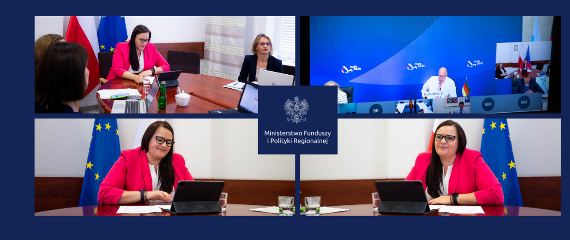 Grafika składa się z 4 zdjęć. Na trzech znajduje się minister Małgorzata Jarosińska-Jedynak siedząca przy biurku, przy laptopie. Na jednym ze zdjęć towarzyszą jej trzy kobiety. Czwarte zdjęcie przedstawia mężczyznę i dwie kobiety, siedzących za stołem konferencyjnym.