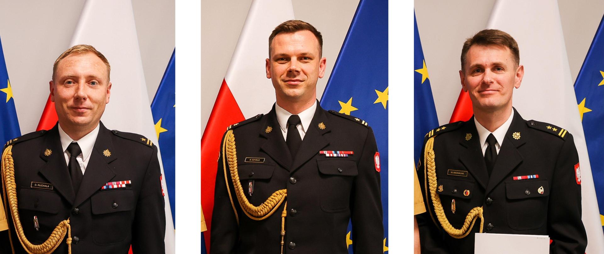 Kolaż trzech zdjęć nowo powołanych na stanowiska kierownicze oficerów. Od lewej jeden zastępca komendanta Szkoły Aspirantów PSP w Krakowie, drugi zastępca komendanta Szkoły Aspirantów PSP w Krakowie, zastępca komendanta wojewódzkiego PSP w Szczecinie.