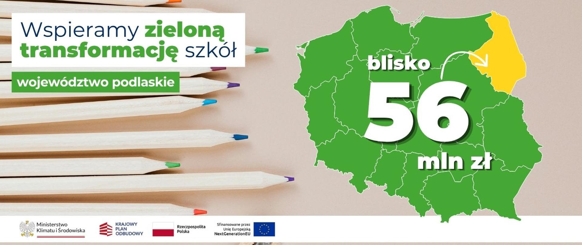 na banerze po lewej stronie widnieje napis: Wspieramy zieloną transformację szkół województwo podlaskie. Po prawej stronie widoczna jest mapa Polski z zaznaczonym na żółto woj. podlaskim i napisem blisko 56 mln zł.
