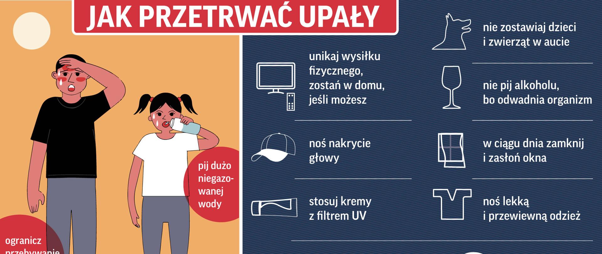 Ulotka RCB dotycząca bezpiecznych zachowań podczas upałów. Rządowe Centurm Bezpieczeństwa radzi, by unikać przebywania na pełnym słońcu, pić dużo wody oraz stosować środki ochrony. Pamieac także, by nie zostawiać zwierząt w aucie oraz nie przemęczać się. 