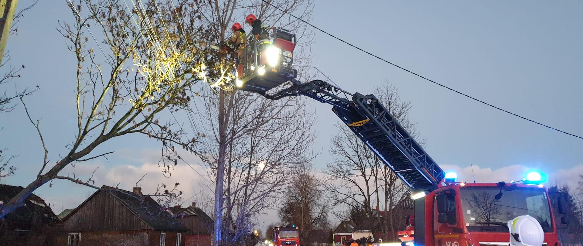Na zdjęciu widać strażaków pracujących w zabezpieczeniu na drabinie pożarniczej przy wycince drzewa opartego o linie energetyczne. Samochód drabina stoi na drodze i blokuje ruch. Za nim stoi kolejny samochód straży pożarnej, który również ma włączone sygnały świetlne ostrzegające o prowadzonych pracach. W okolicy widać zabudowę wiejską.