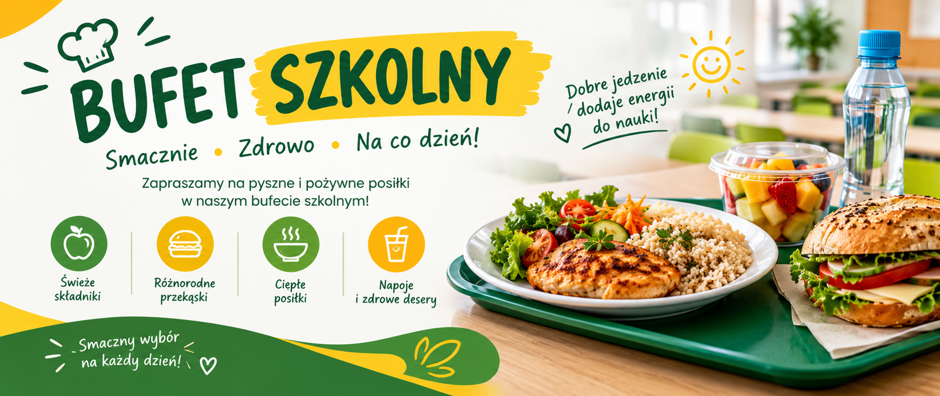 Grafika promująca szkolny bufet z hasłem „BUFET SZKOLNY”. Po lewej stronie znajduje się zielono-żółta część informacyjna z tekstem zachęcającym do wyboru smacznych i zdrowych posiłków. Widoczne są ikony świeżych składników, różnorodnych przekąsek, ciepłych posiłków oraz napojów i zdrowych deserów. Po prawej stronie przedstawiono apetyczny zestaw obiadowy z grillowanym kurczakiem, kaszą i warzywami, kanapkę z warzywami, sałatkę owocową oraz butelkę wody. W tle widać jasne, nowoczesne wnętrze szkolnej stołówki. Kolorystyka grafiki opiera się na zieleni, żółci i bieli.