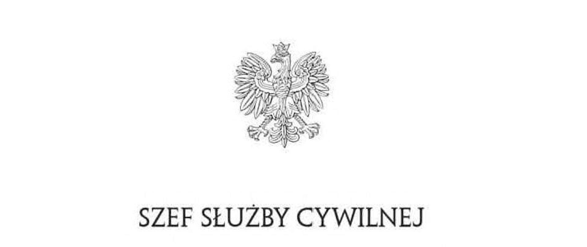 Na środku znajduje się czarny rysunek orła z koroną na białym tle a pod nim napis Szef Służby Cywilnej