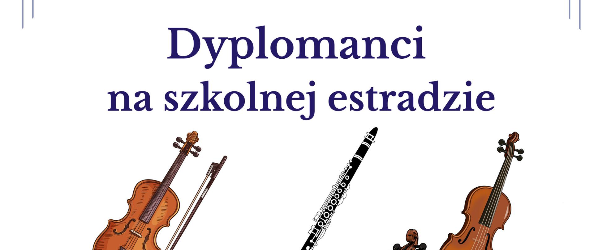Plakat zapowiada koncert „Dyplomanci na szkolnej estradzie” organizowany z okazji 80-lecia Zespołu Szkół Muzycznych im. Stanisława Moniuszki w Wałbrzychu. Na grafice znajdują się ilustracje instrumentów muzycznych: fortepianu, kontrabasu, klarnetu, skrzypiec i altówki. Informacje o wydarzeniu: 18 listopada 2025 r. o godz. 17:00, aula szkoły przy ul. Moniuszki 41. Górę i dół plakatu zdobią ornamenty oraz logo jubileuszowe szkoły.