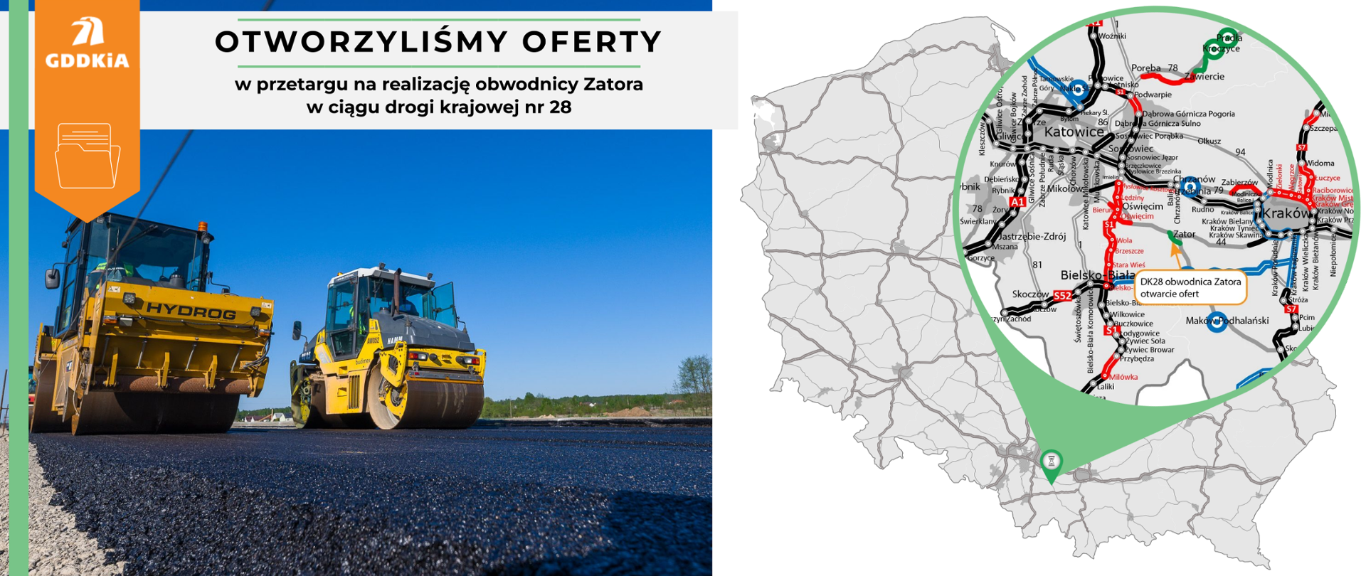 Infografika informująca o otwarciu ofert na realizację obwodnicy Zatora. Po prawej mapa Polski z zaznaczonym odcinkiem obwodnicy. Po lewej zdjęcie poglądowe prac budowlanych. Dwa walce wyrównujące nawierzchnie asfaltową.