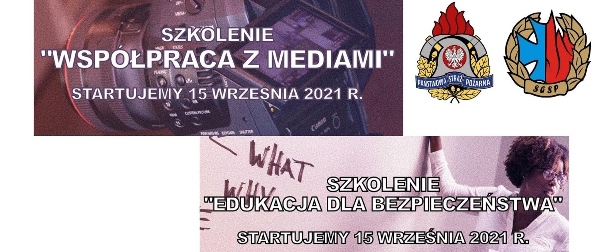 Baner prezentujący tematy szkoleń, w prawym górnym rogu logo PSP i SGSP