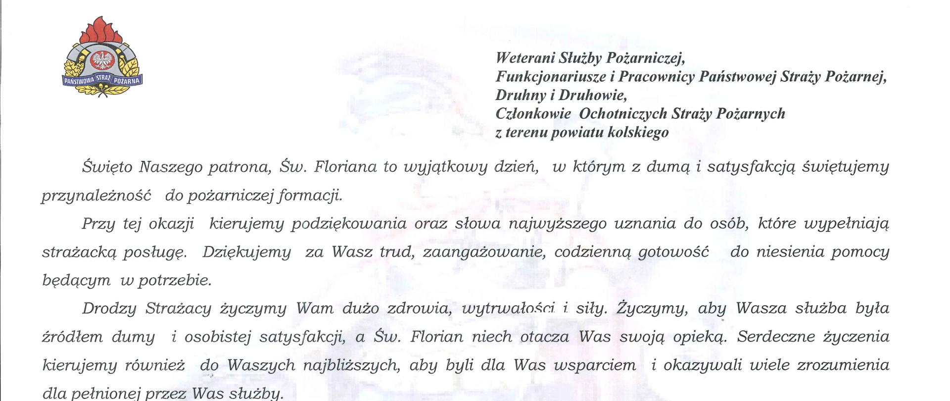 Zdjęcie przedstawia życzenia Komendanta Powiatowego PSP w Kole z okazji Dnia Strażaka