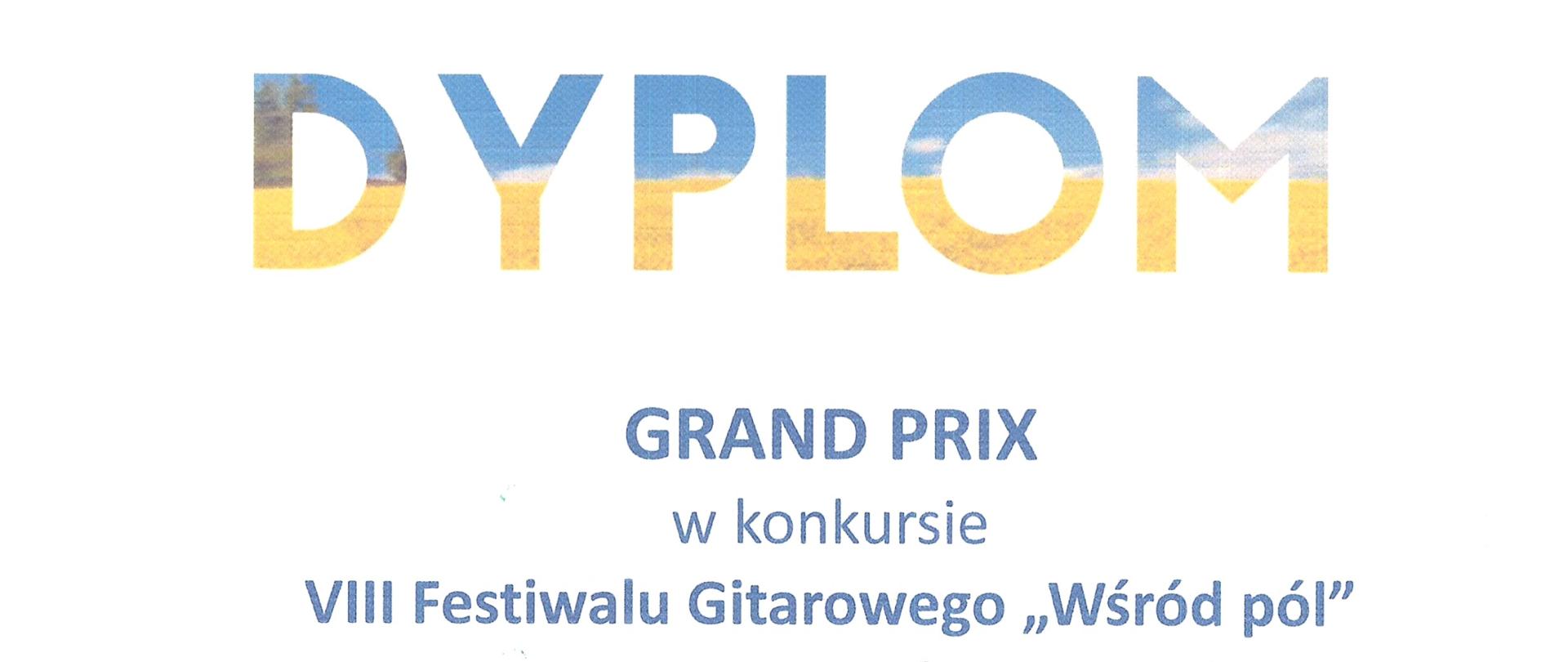 Na białym tle niebiesko-żółty napis dyplom, tekst w kolorze granatowym, w lewym górnym rogu gitarowe logo festiwalu, w prawym górnym rogu logo szkoły w Witowicach, na dole strony trzy podpisy członków jury