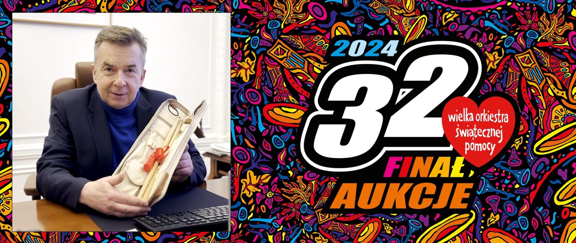 Grafika - na kolorowym tle zdjęcie ministra Wieczorka trzymającego w rękach pudełko z pałeczkami, obok napis 32 finał WOŚP - aukcje.