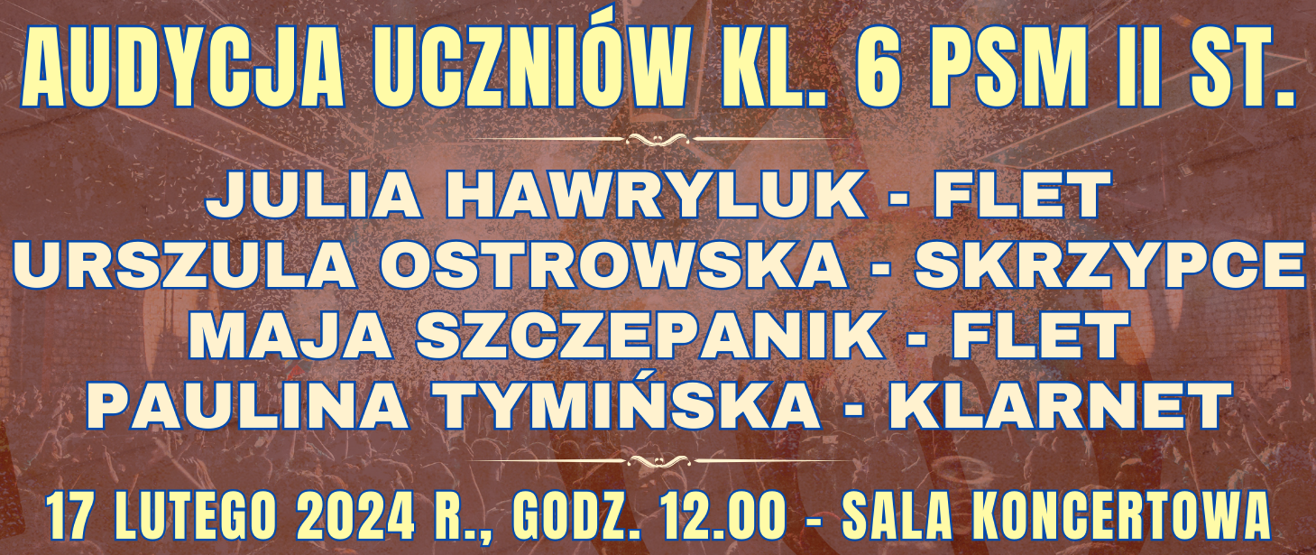 ciemne tło z półprzezroczystą publicznością na koncercie oraz informacja o wydarzeniu