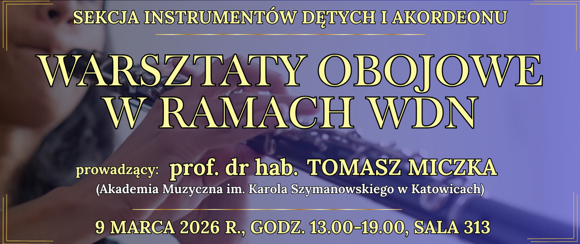 baner w tle osoba grająca na oboju oraz informacja o wydarzeniu