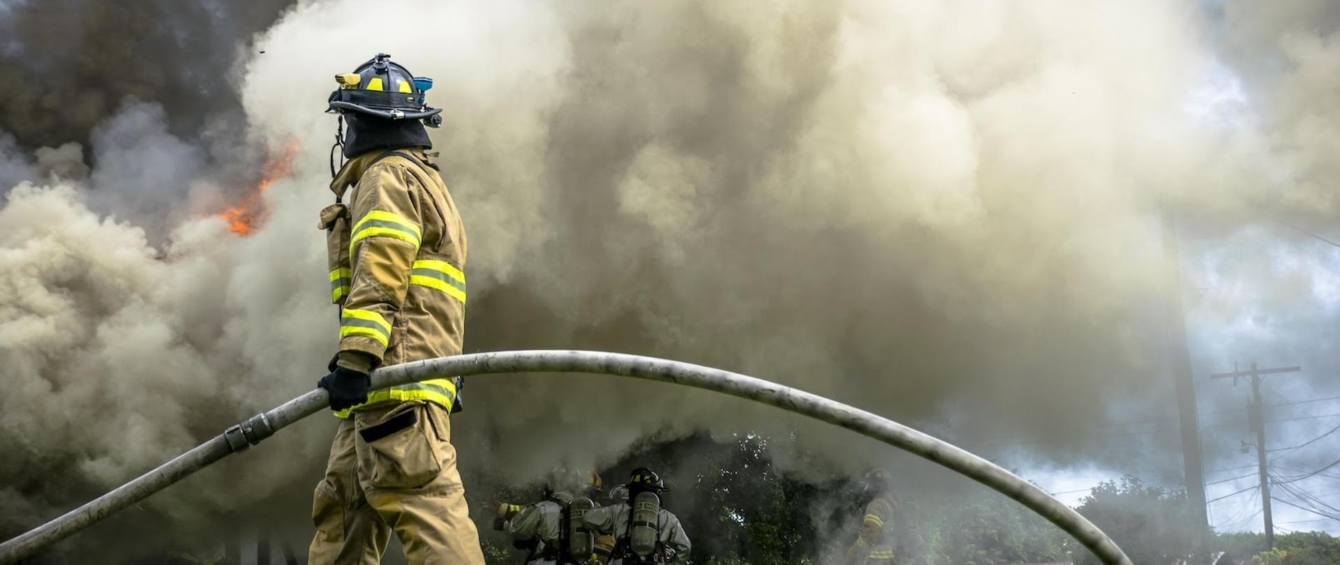 Zdjęcie przedstawia strażaka