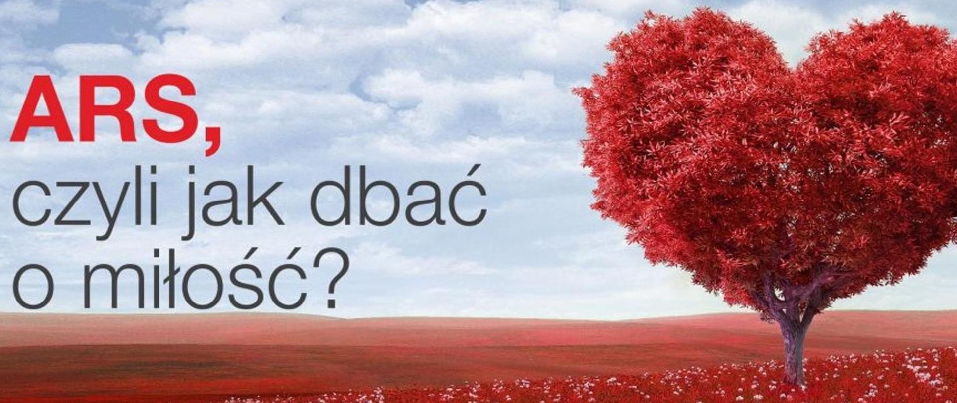 Grafika przedstawia napis „ARS, czyli jak dbać o miłość?” na tle łąki z drzewem pokrytym czerwonym listowiem w kształcie serca.