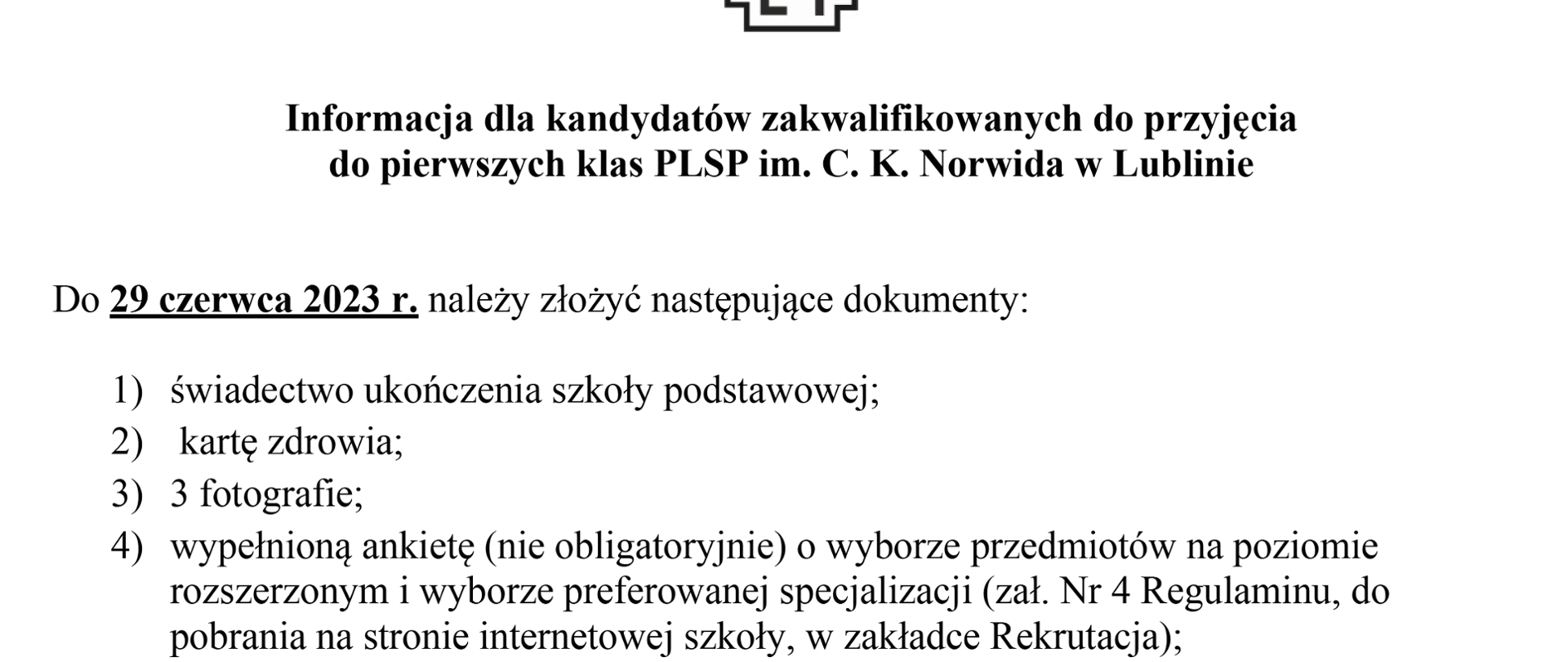 Fragment dokumentu (zrzut ekranu) dotyczącego kandydatów zakwalifikowanych do PLSP w Lublinie na rok szkolny 2023/24