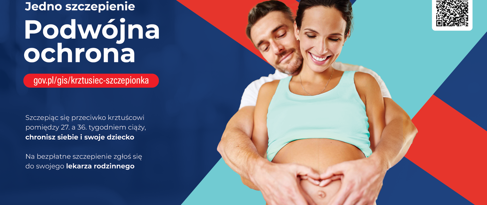 mężczyzna obejmuje za brzuch kobietę w ciąży - napis jedna szczepionka podwójne szczepienie