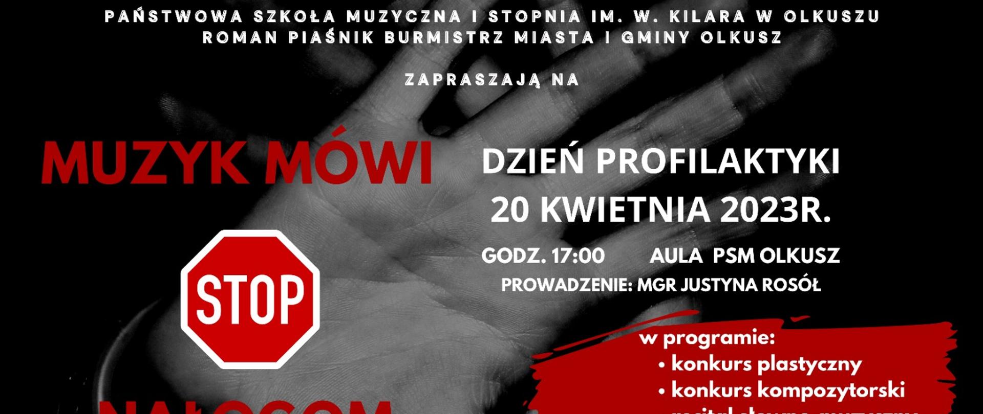 Czarne tło, pośrodku dłoń i czerwone napisy, znak stop