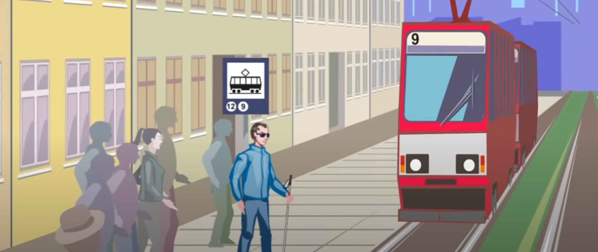 rysunek - mężczyzna w ciemnych okularach, niewidomy czeka na tramwaj na przystanku