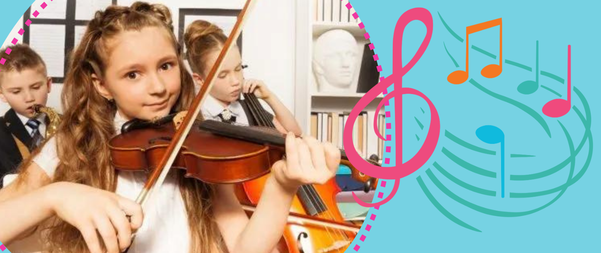 niebieskie tło z dziewczynką grającą na skrzypcach, wypisane korzyści z nauki w szkole muzycznej