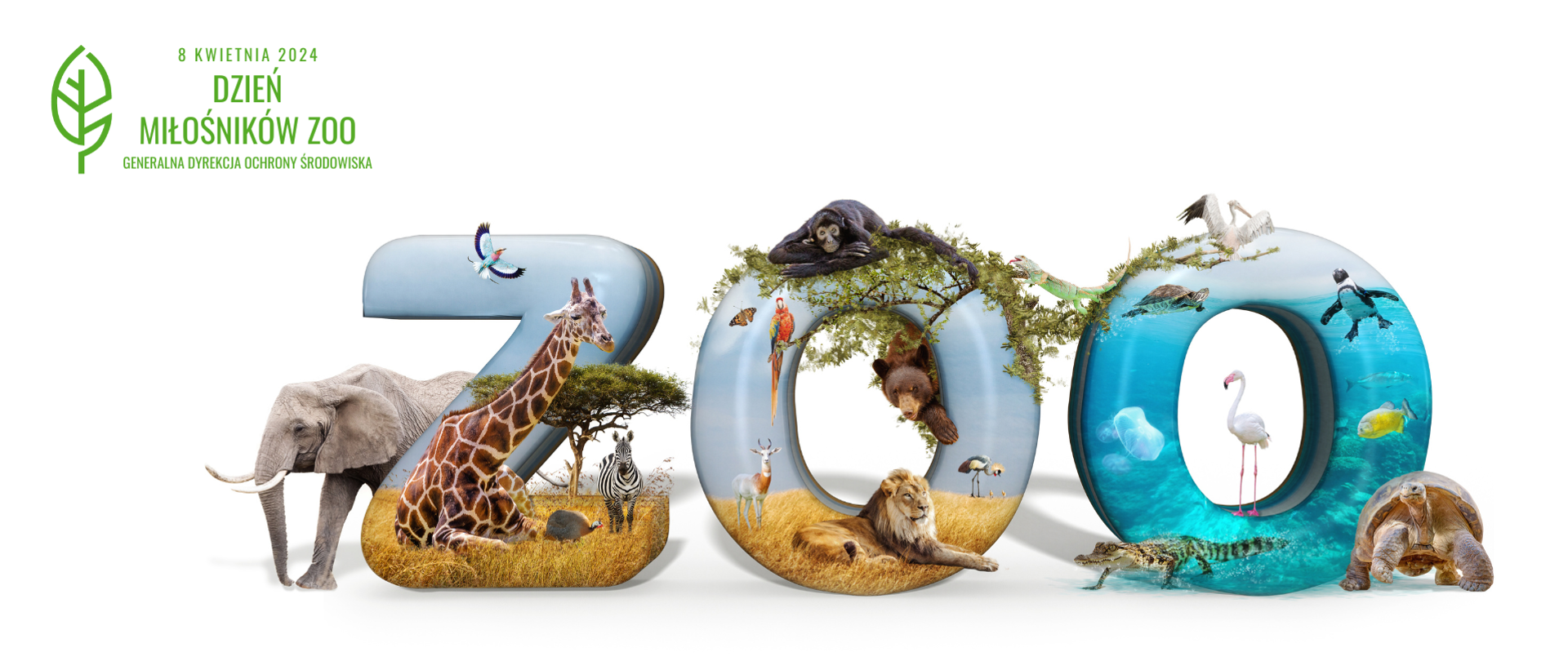 Grafika. W centralnej części napis "ZOO" z efektem 3D. Z każdej litery napisu "ZOO" jakby "wychodzą" egzotyczne zwierzęta, m.in.: słoń, żyrafa, zebra, lew, niedźwiedź, krokodyl, żółw a także różne ptaki, takie jak papuga, flaming czy pelikan. W lewym górnym rogu napis: "8 KWIETNIA 2024 DZIEŃ MIŁOŚNIKÓW ZOO GENERALNA DYREKCJA OCHRONY ŚRODOWISKA"