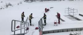 zdjęcie przedstawia zamarznięty zbiornik wodny i siedmiu strażaków. Dwóch strażaków przy pomocy sań lodowych wyciągają poszkodowanego strażaka z wody. Czterech strażaków stoi na brzegu i asekuruje przy pomocy lin strażaków, którzy są na tafli lodu i wyciągają poszkodowanego. 