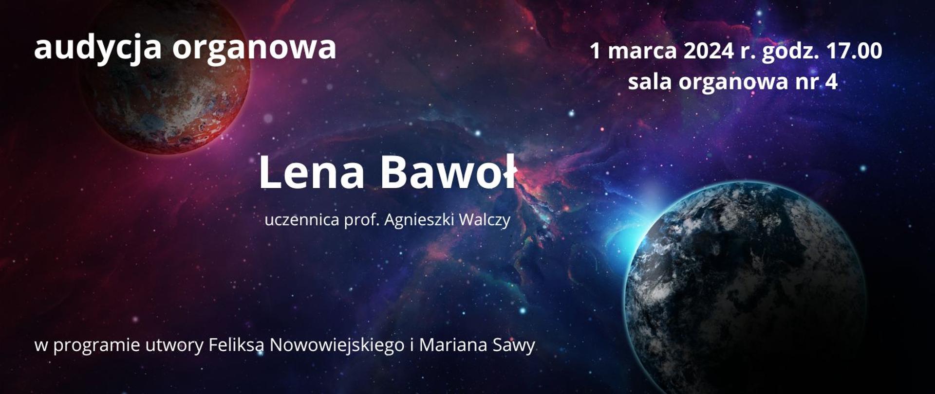 w tle zdjęcie kosmosu i planet w prawym górnym rogu data i godzina wydarzenia, na środku nazwisko uczennicy