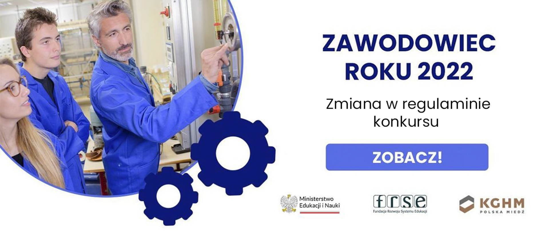 Grafika - na białym tle w okręgu kilka osób w niebieskich roboczych ubraniach, obok napis Zawodowiec roku 2022 - zmiana w regulaminie konkursu.