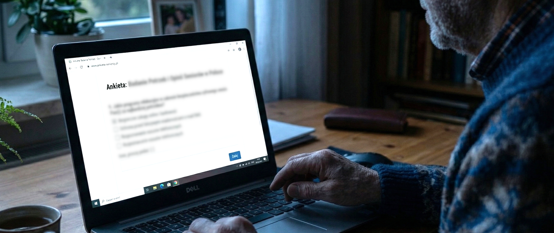 Senior przy laptopie wypełnia ankietę