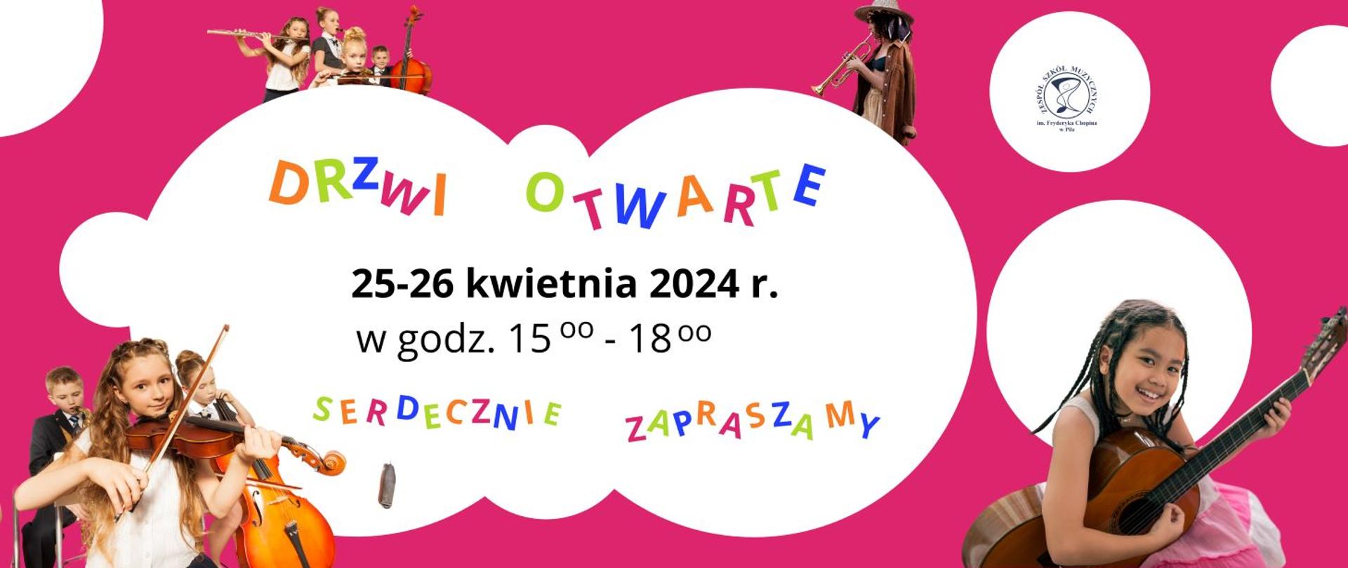 Na czerwonym tle białe chmurki w których kolorowy napis: "DRZWI OTWARTE 25-25 kwietnia 2024r. w godz. 15 18 SERDECZNIE ZAPRASZAMY". Obok zdjęcia dzieci grających na instrumentach muzycznych oraz logo szkoły.