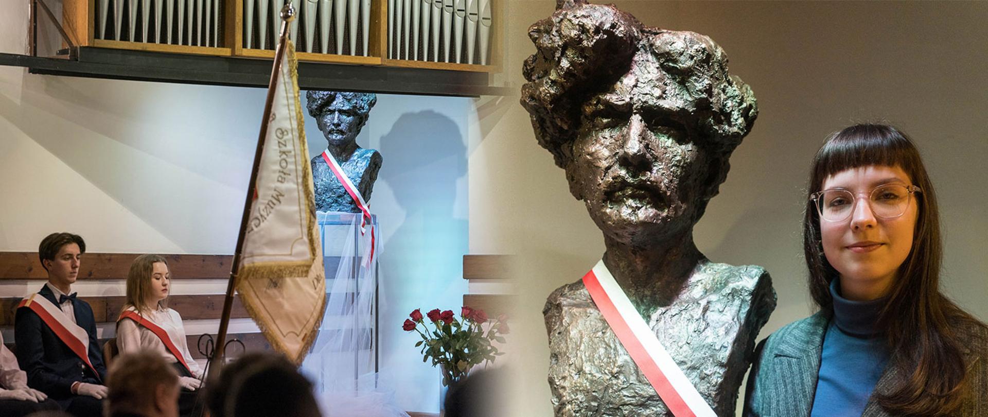 Grafika przedstawia dwa zdjęcia połączone ze sobą płynnym przejściem. Na zdjęciu z lewej strony Widać siedzących pod ścianą uczniów ze sztandarem szkoły a w tle w narożniku sali stoi popiersie Ignacego Jana Paderewskiego. Na zdjęciu, które znajduje się z prawej strony grafiki widać autorkę popiersia Lidię Tańską pozującą z popiersiem Ignacego Jana Paderewskiego. Po lewej stronie stoi popiersie, a po prawej autorka rzeźby.