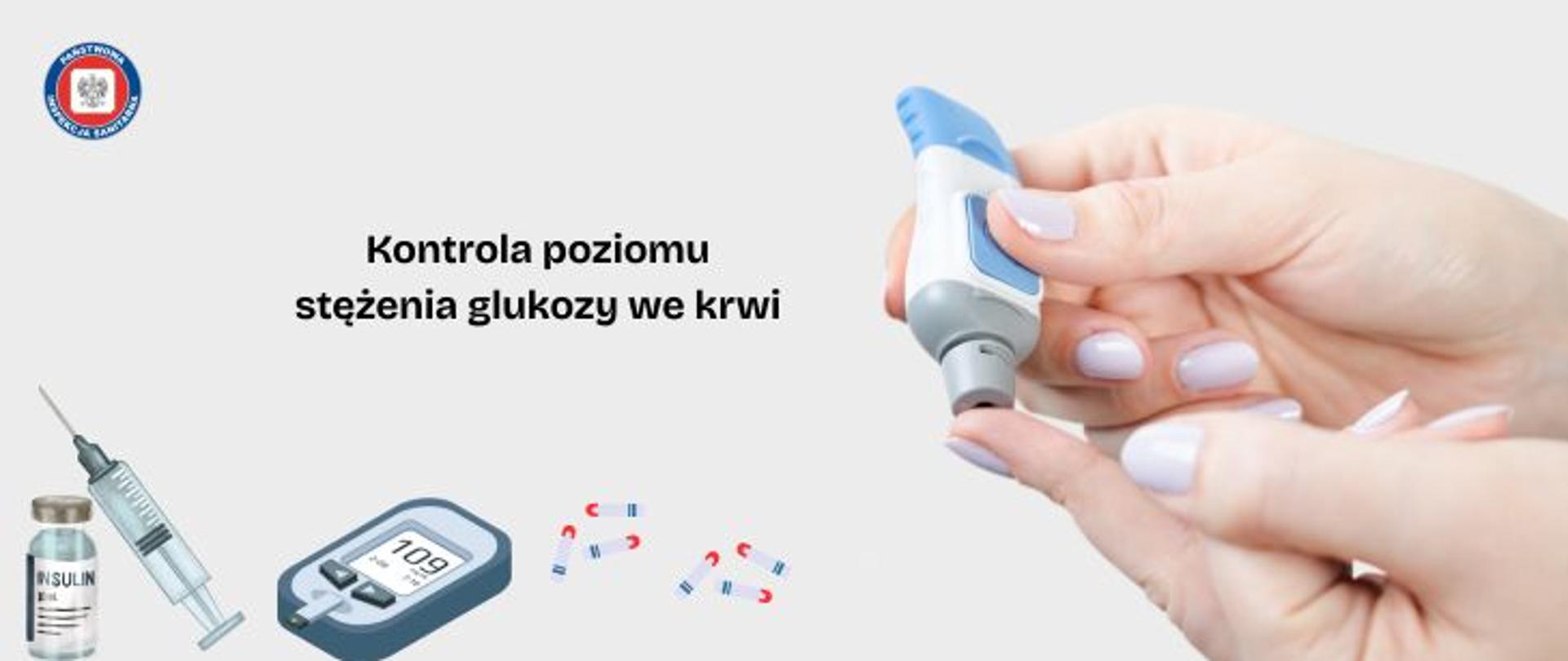 Na szarym jasnym tle po prawej widoczna dłoń człowieka najprawdopodobniej kobiety. Wykonuje ona nakłucie palca za pomocą glukometru. Glukometr jest w odcieniach białym, niebieskim i szarym. Na środku umieszczono ciemny napis kontrola poziomu stężenia glukozy we krwi. Poniżej grafiki przedstawiające ampułkę z insuliną i strzykawkę, grafika glukometru z wyświetloną wartością 109 oraz grafiki pasków używanych do pomiarów glukozy we krwi. Wszystko utrzymane w tonacji biało-szarej. W lewym górnym rogu okrągłe logo Państwowej Inspekcji Sanitarnej przedstawiające czarnego orła na białym kwadratowym tle, które otoczone jest czerwonym wypełnieniem. Zewnętrzną część logo otacza granatowy okrąg z napisem Państwowa Inspekcja Sanitarna w kolorze białym.