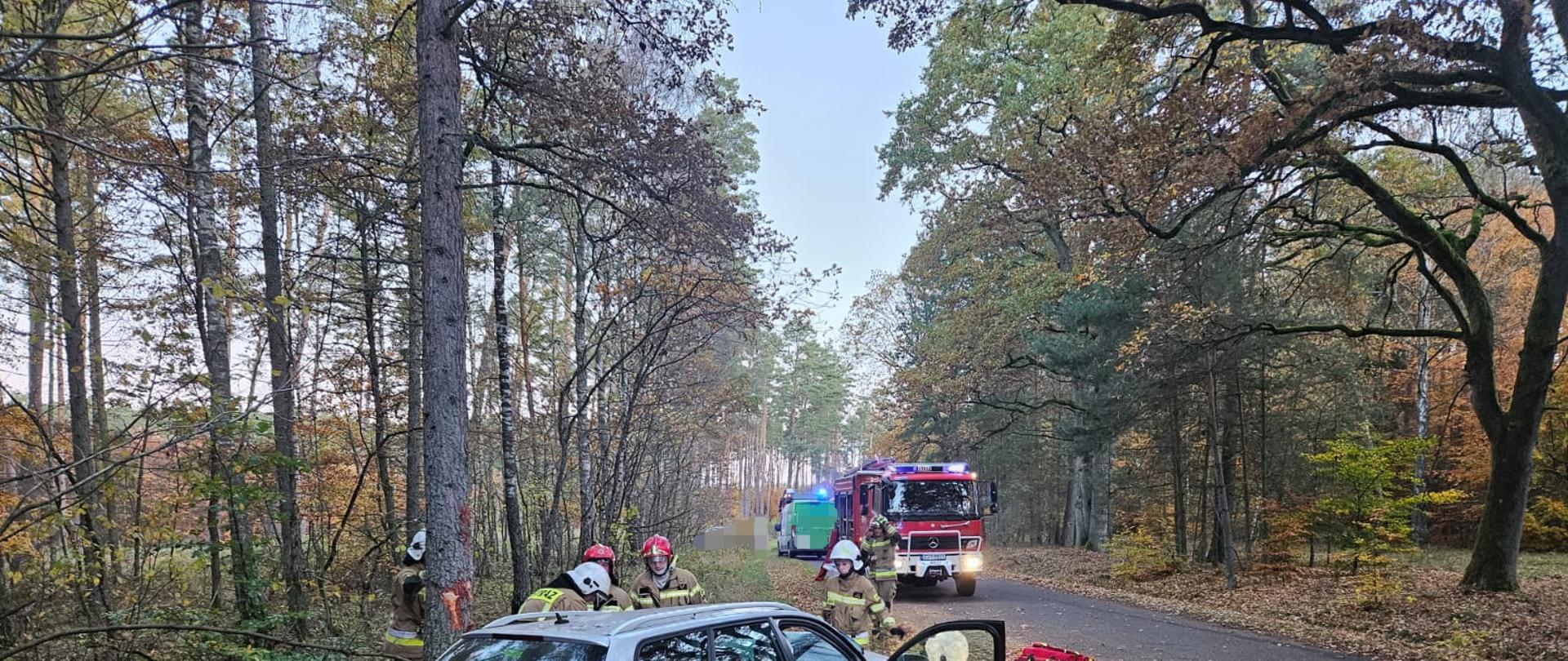 Na zdjęciu rozbity pojazd marki Audi oraz pojazdy służb ratowniczych