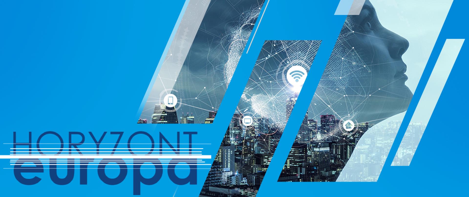 postać kobiety na tle miasta i logo horyzont europa
