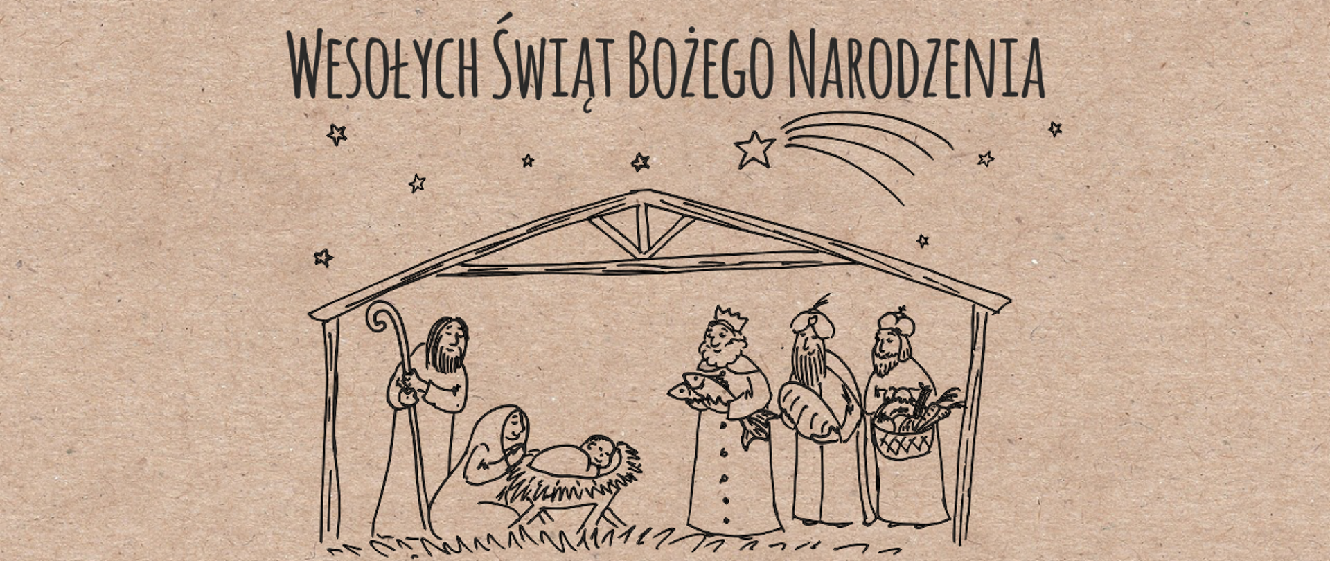 Tekst: Wesołych Świąt Bożego Narodzenia. Rysunek przedstawiający stajenkę bożonarodzeniową: od lewej Józef, Maria, Jezus w żłobku, 3 królowie niosący prezenty z postaci żywności - ryby, chleba i kosza z warzywami. Nad stajenką niebo z gwiazdami.
