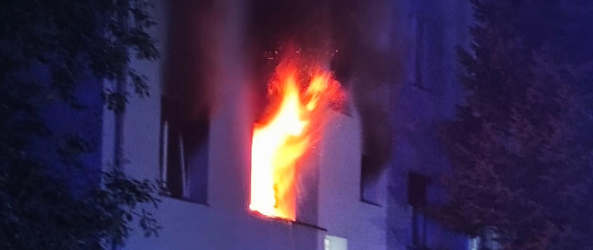Wielopiętrowy budynek mieszkalny w nocy, oświetlony niebieskim światłem sygnałowym pojazdów uprzywilejowanych. Z okna na wyższej kondygnacji wydostają się wysokie, jasne płomienie oraz kłęby ciemnego dymu. W tle, przy wejściu do budynku, widać sylwetkę strażaka.