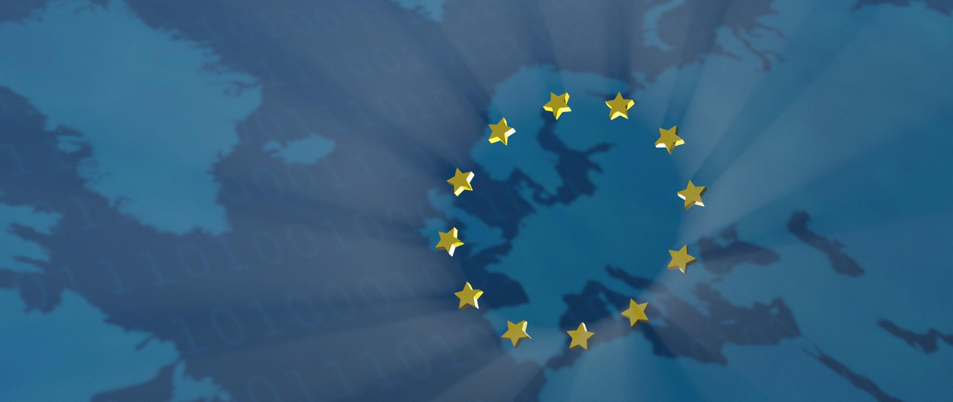 Symbol Unii Europejskiej na mapie Europy z motywem cyfrowym.