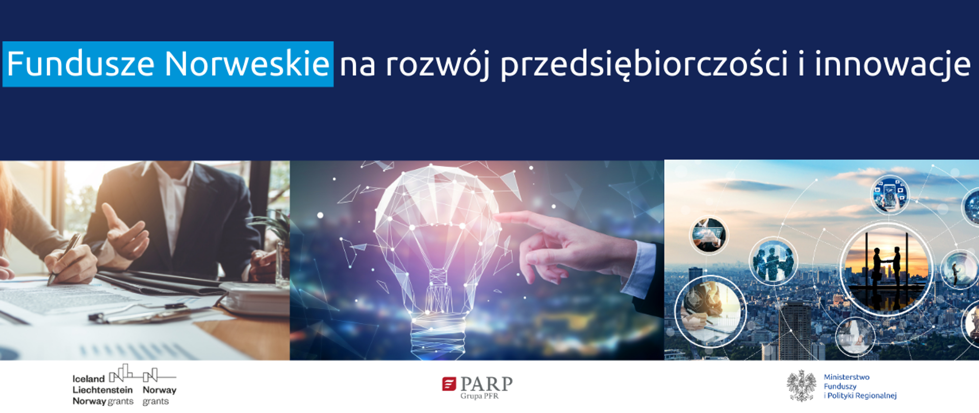 Na górze grafiki napis: Fundusze Norweskie na rozwój przedsiębiorczości i innowacje. Poniżej trzy grafiki dotyczące innowacji, a niżej logotypy Funduszy Norweskich, PARP oraz MFiPR.