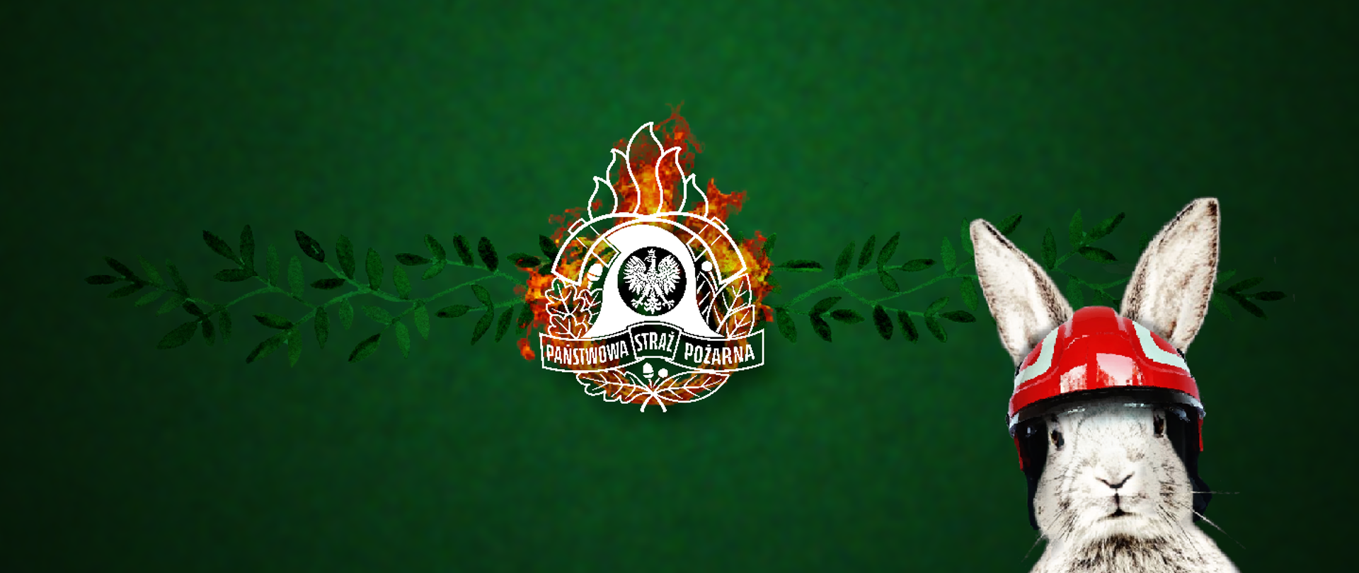 Grafika przygotowana z okazji Świat Wielkiej Nocy 2025 r. Na zielonym tle centralnie umieszczone logo PSP (w wersji monochromatycznej białej), pod którym widać języki ognia. W prawym dolnym rogu ilustracja zająca w czaerwonym strażackim hełmie.