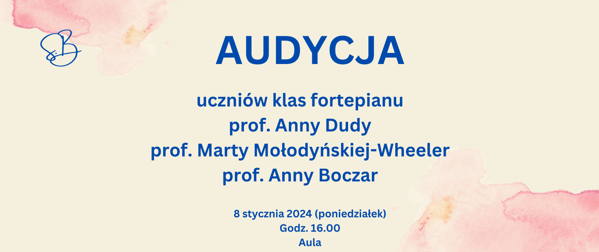 na jasnym tle z różowymi plamami malarskim, na środku napis informujący o audycji fortepianowej i jej dacie