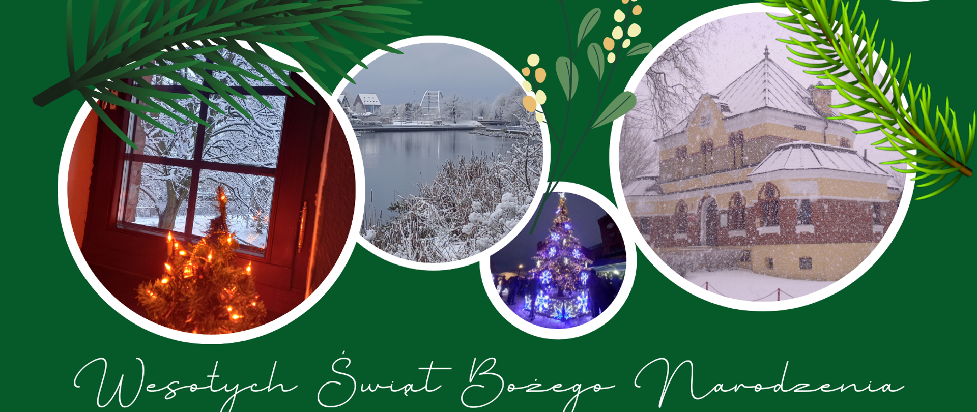 Grafika przedstawiająca cztery białe okręgi na zielonym tle; w każdym okręgu zdjęcie przedstawiające kolejno: 1. małą choinkę z żółtymi lampkami na tle okna z widokiem na ośnieżone drzewo; 2. zimowy widok na rzekę i w oddali ośnieżone budynki oraz most; 3. wysoką choinkę ze świąteczną iluminacją w nocy na placu ratuszowym; 4. ośnieżony budynek szkoły muzycznej. Powyżej zdjęć gałązki choinki oraz ornamenty w kolorze białym: klucz wiolinowy, nutki, gwiazdki, kartka z zapisem nutowym. Pod zdjęciami napis: Wesołych Świąt Bożego Narodzenia życzy Krzysztof Sokolnicki dyrektor PSM I st. w Kołobrzegu