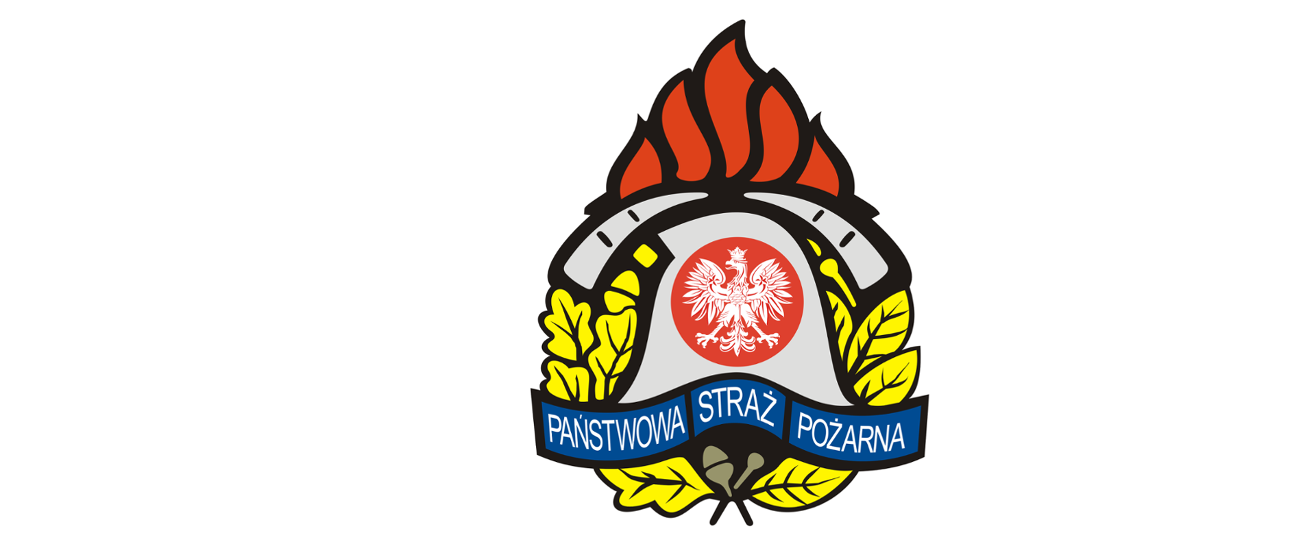 Zdjęcie przedstawia logo Państwowej Straży Pożarnej, składające się z hełmu strażackiego i skrzyżowanych za nim dwóch toporków. Na przodzie hełmu widać orła, a całość otaczają liście. U góry widoczny jest płomień.