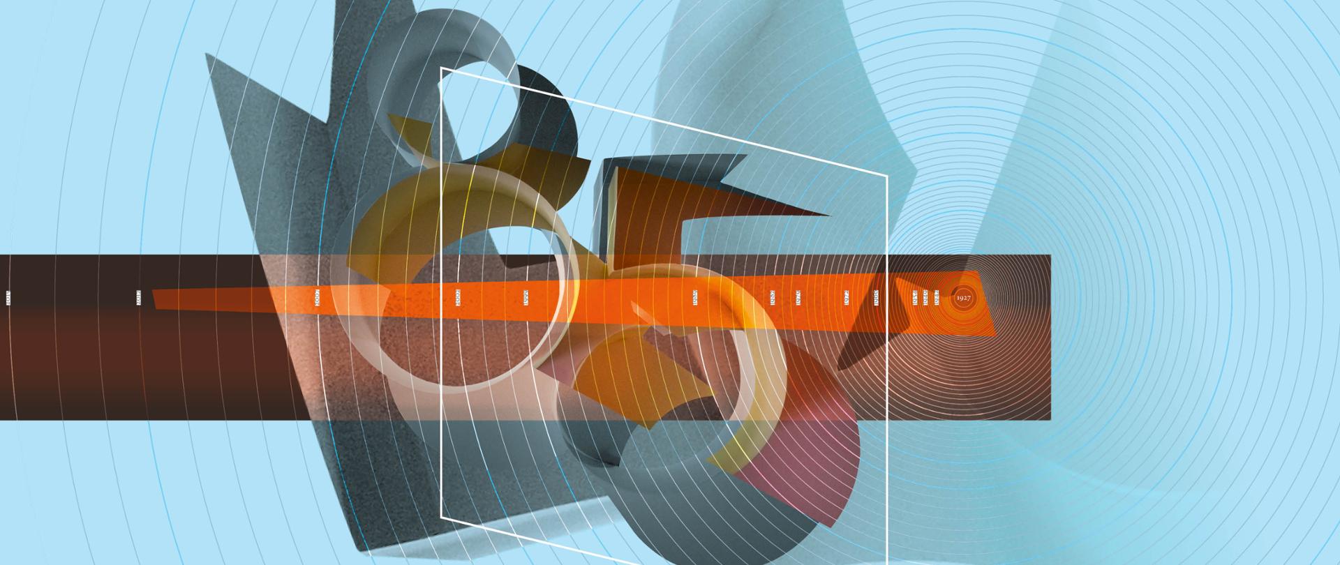 Kompozycja graficzna ze stylizowanymi cyframi 85 i wieloma okręgami ze wspólnym środkiem obok liczby 85