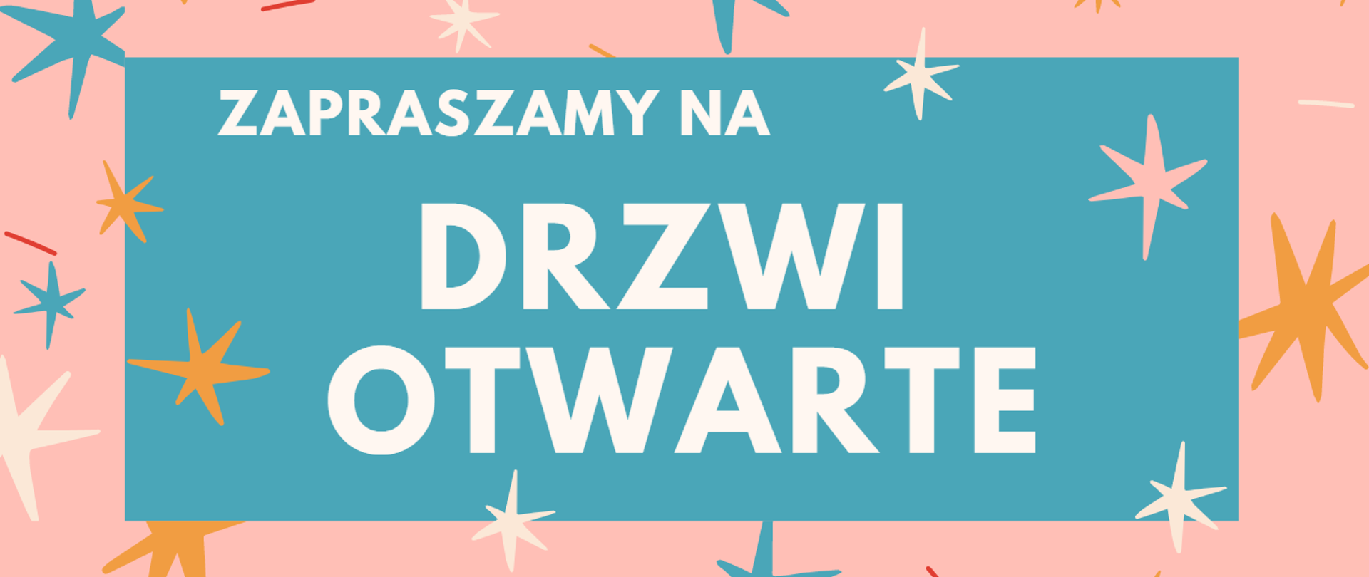 informacja o drzwiach otwartych szkoły na niebiesko-różowym tle z elementami graficznymi gwiazdek